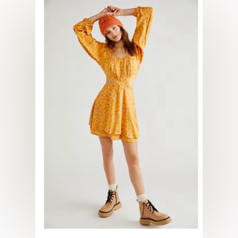 Womens Yellow Floral Long-Sleeve Mini Dress